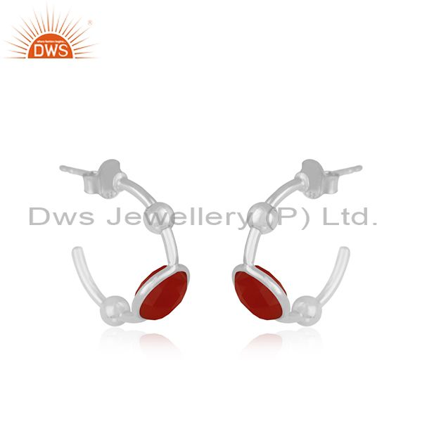 Exporter Genuine Red Onyx Gemstone Sterling Fine Silver Hoop Earring For Girls In Jaipur