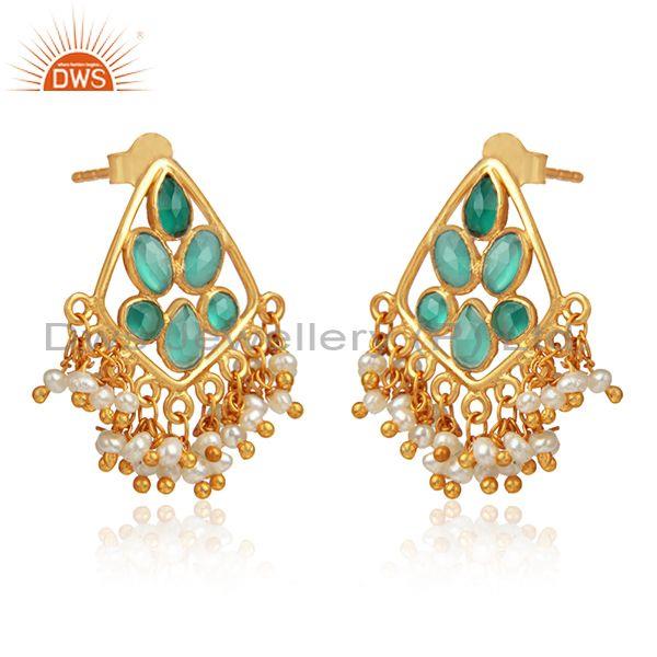 Green onyx pearl bead gemstone womens gold plated silver earrings