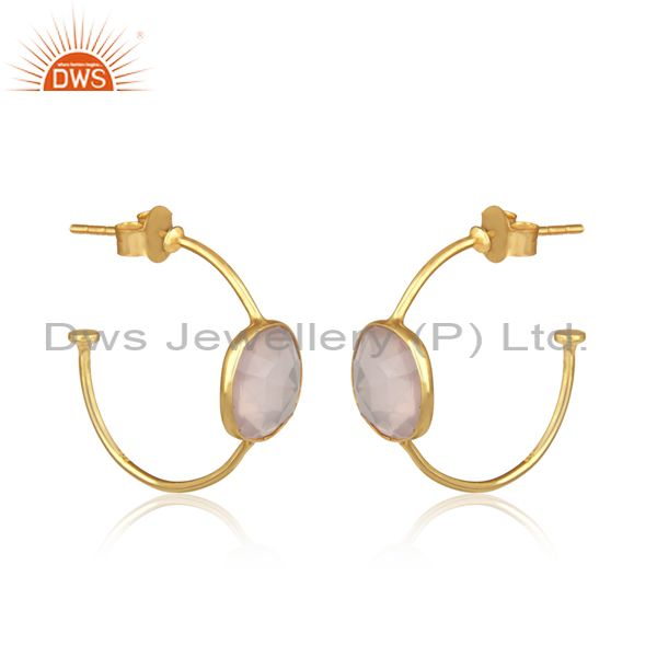 Handmade yellow gold on silver hoop earrings with rose quartz