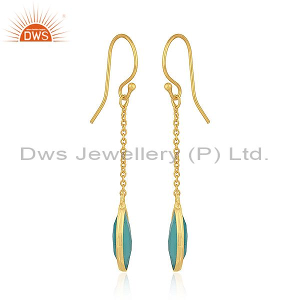 Exporter Aqua Chalcedony Gemstone 925 Silver Gold Plated Silver Chain Earrings