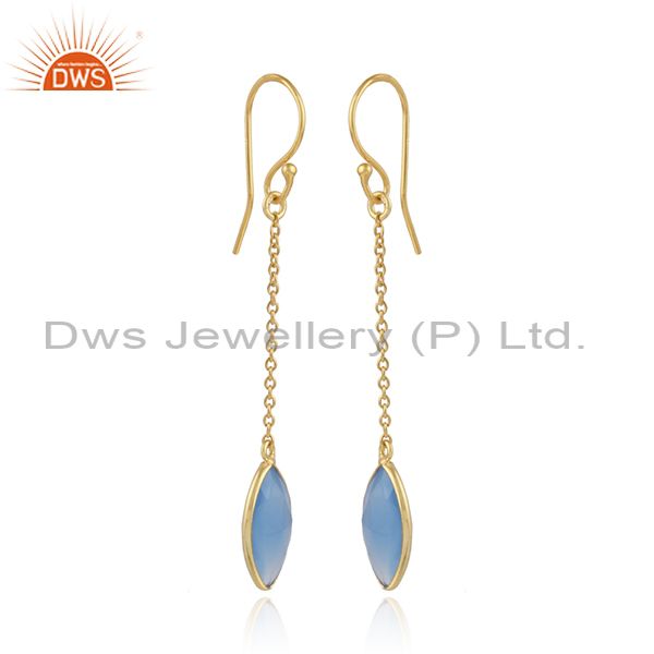 Gold plated 925 silver blue chalcedony gemstone chain earrings