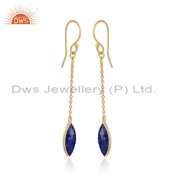 Lapis lazuli gemstone designer silver gold plated chain earrings