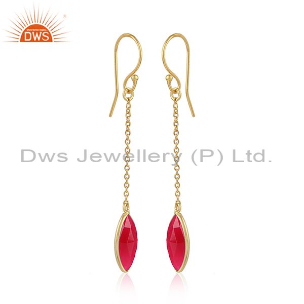 Designer gold plated 925 silver pink chalcedony chain earrings