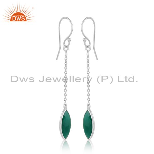 Drop design green onyx gemstone sterling silver chain earrings