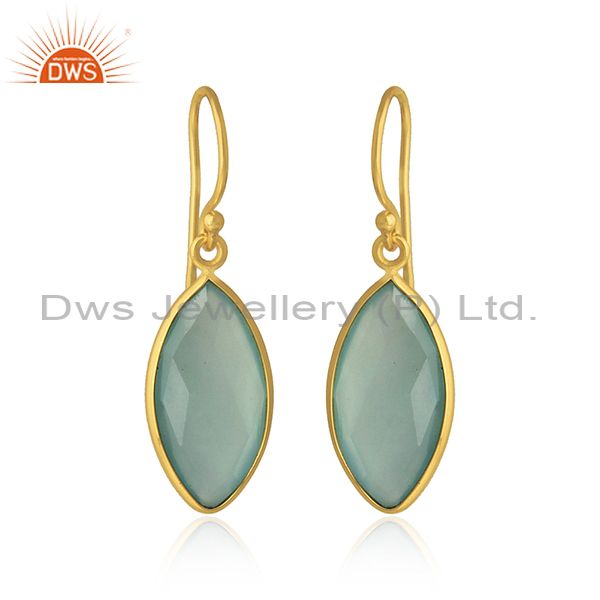 Exporter Marquise Aqua Chalcedony Gemstone Gold Plated Silver Hook Earrings