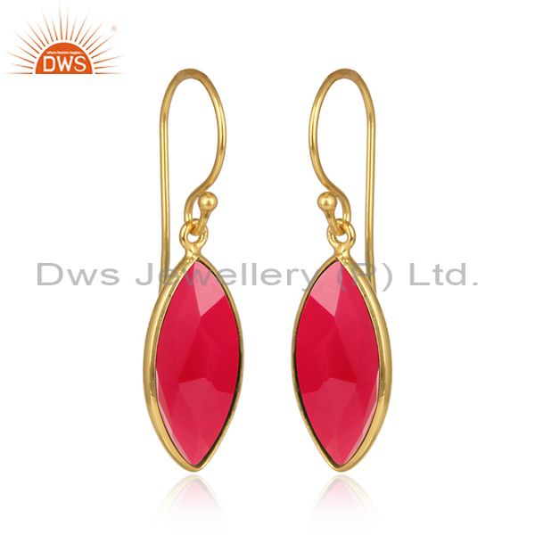 Pink chalcedony gemstone handmade gold plated silver earrings