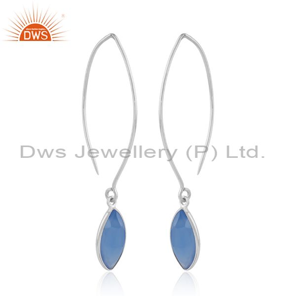 Blue chalcedony gemstone designer sterling silver hook earrings