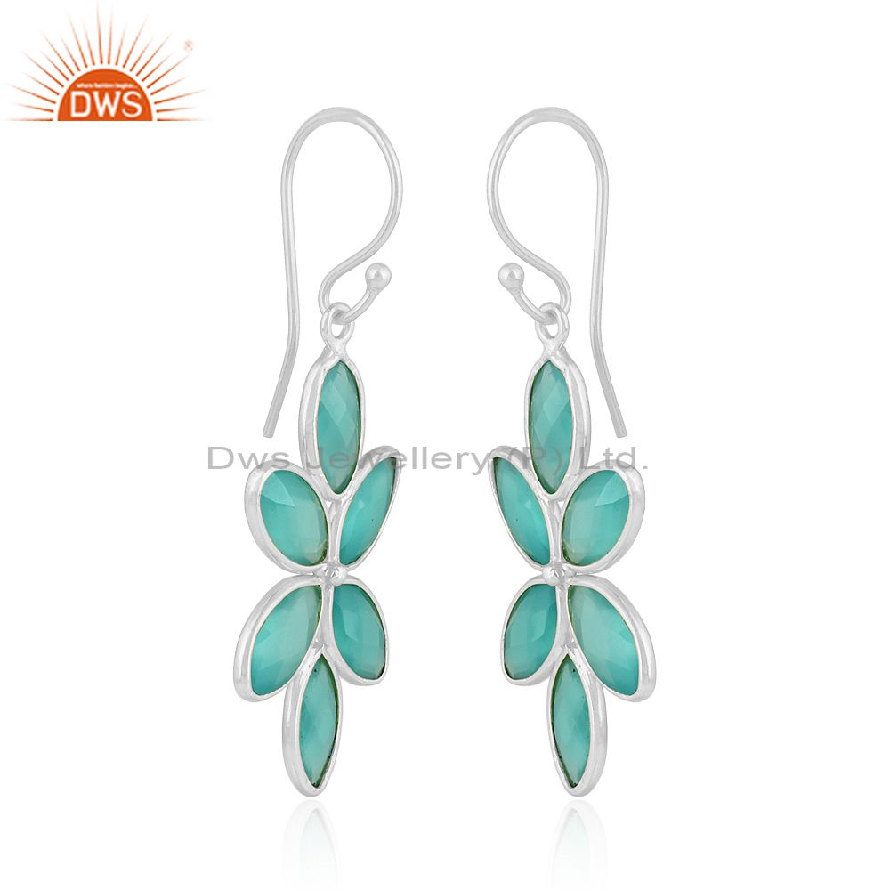 Exporter Floral Design 925 Fine Silver Aqua Chalcedony Gemstone Earrings Jewelry