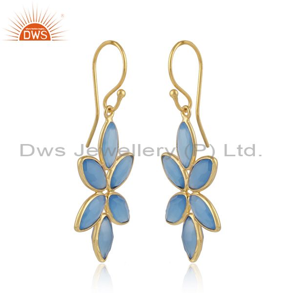 Foral designer gold plated 925 silver blue chalcedony earrings