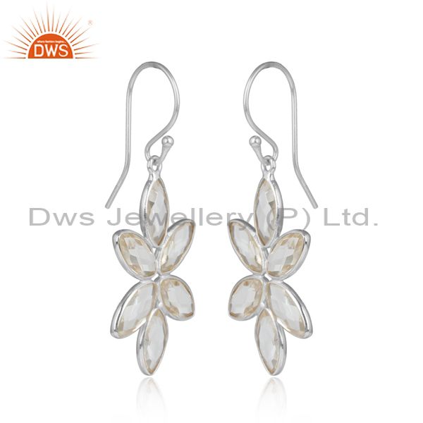 Crystal quartz gemstone sterling silver flower design earrings