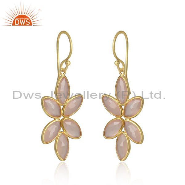 Rose chalcedony flower designer silver gold plated earrings