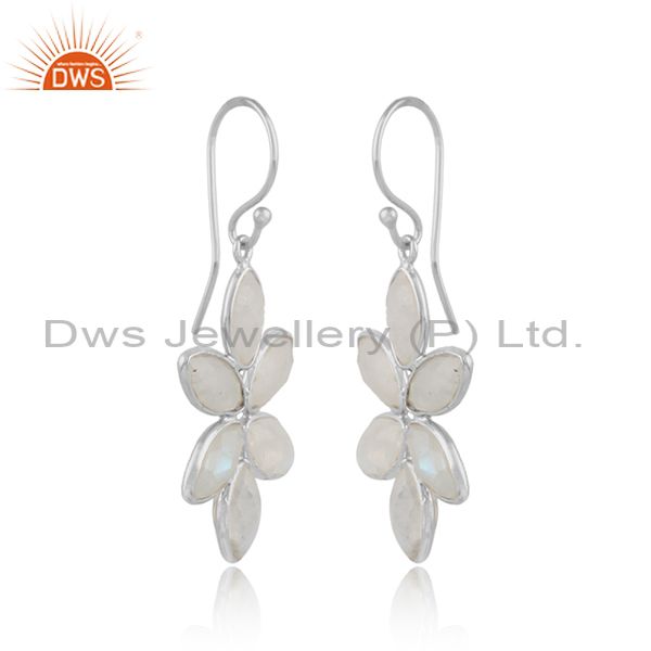 Rainbow moonstone gemstone floral fine sterling silver earrings