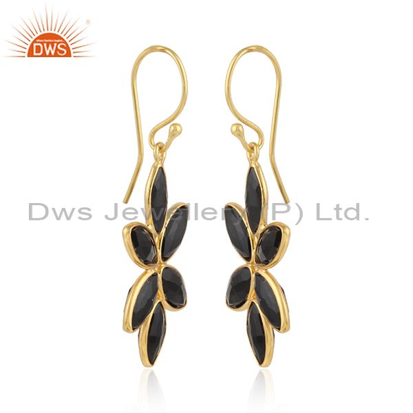 Black onyx gemstone floral gold plated designer silver earrings