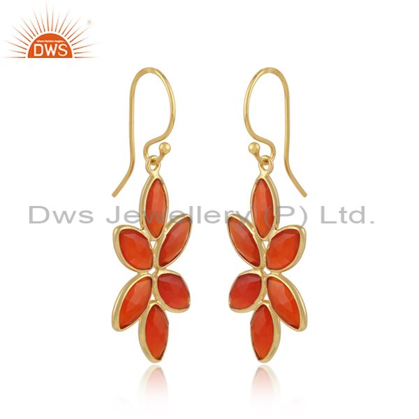Red onyx gemstone floral design 18k gold plated silver earrings