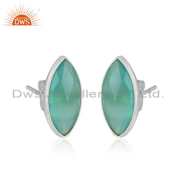 Exporter 925 Sterling Fine Silver Aqua Chalcedony Gemstone Stud Earring Jewelry