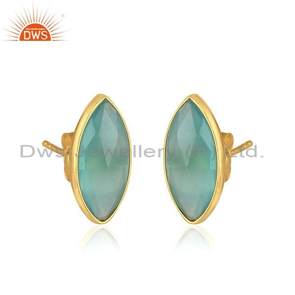 Exporter Aqua Chalcedony Gemstone Womens Gold Plated Silver Stud Earrings