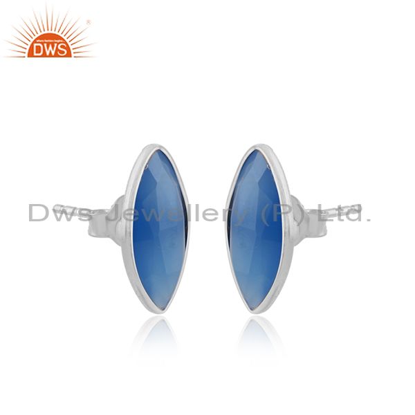 Blue chalcedony gemstone 925 fine silver designer stud earrings