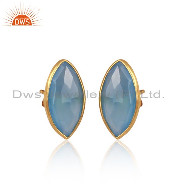 Marquise shape blue chalcedony gemstone gold over silver earrings