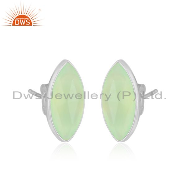 Prehnite chalcedony gemstone designer fine silver stud earrings