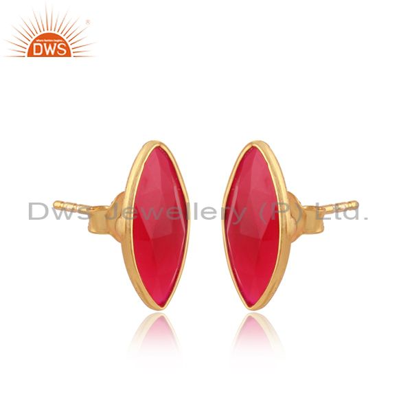 Pink chalcedony gemstone designer gold over silver stud earrings