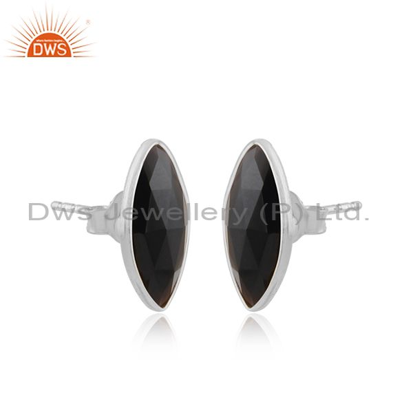 Marquise shape black onyx gemstone fine silver stud earrings