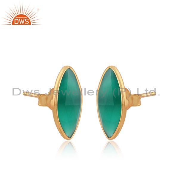 Green onyx gemstone designer 925 silver gold plated stud earrings