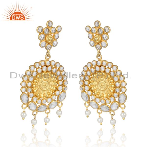 Designer floral large earring in yellow gold on silver and pearl