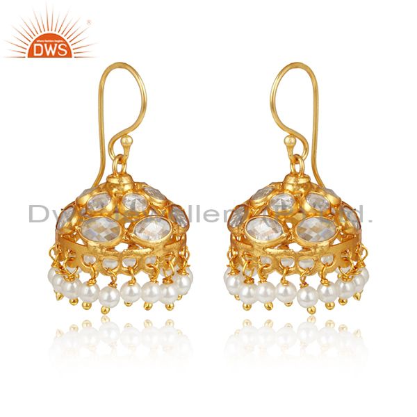 Traditional style yellow gold on silver 925 jhumka with pearl beads