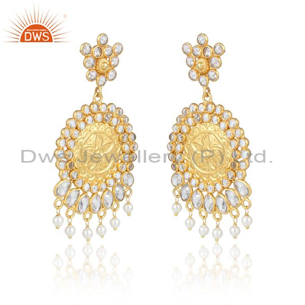 Artisan traditional pearl bead cz earring in yellow gold on silver