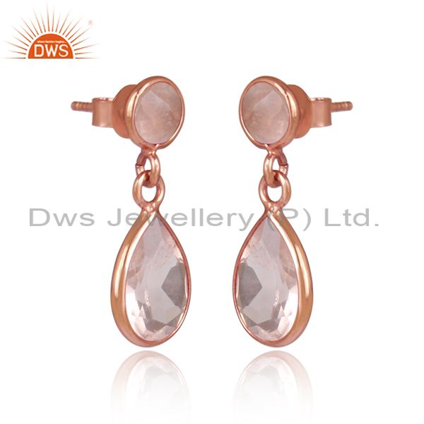 Handmade dangle earriing in rose gold on silver with rose quartz