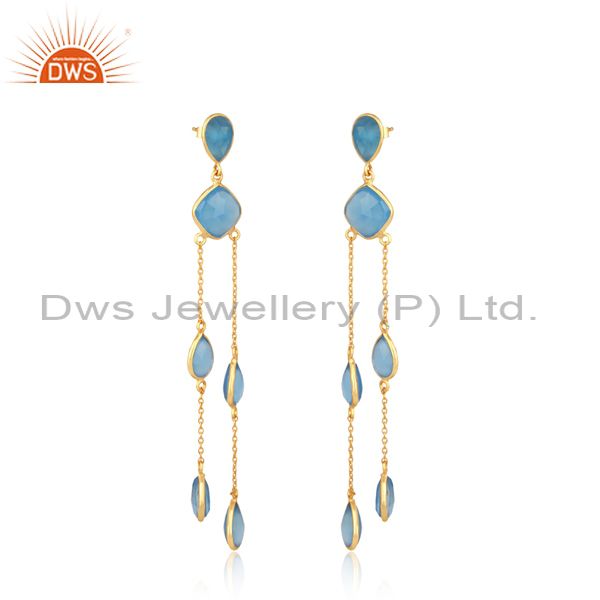 Designer natural blue chalcedony chandelier in gold on silver 925