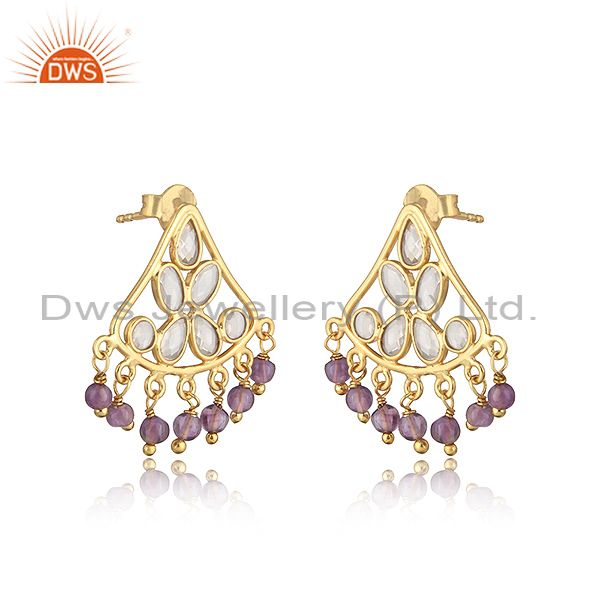 Traditional designer earring in gold on silver with amethyst, cz