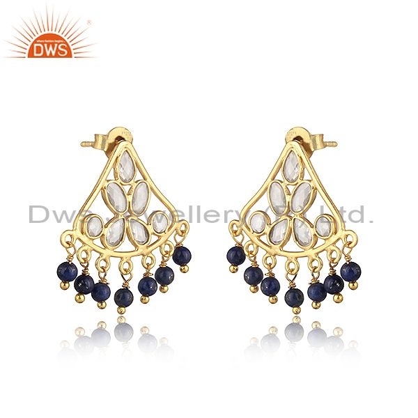 Traditional designer earring in gold on silver with lapis and cz
