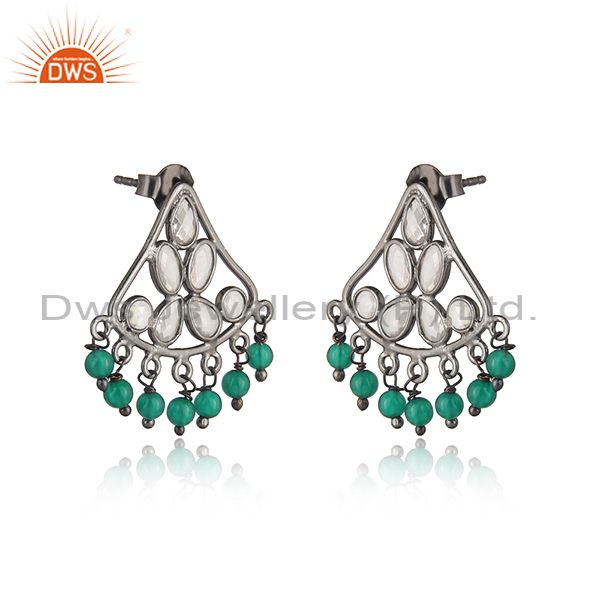 Traditional design green onyx, cz silver earring in black rhodium