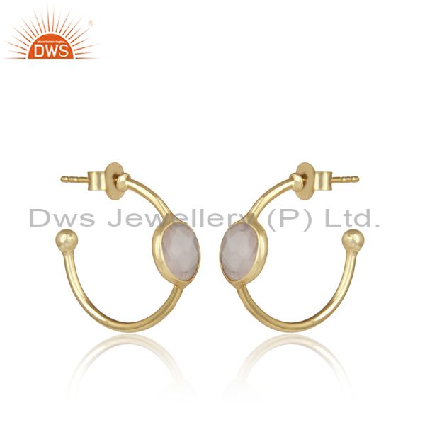 Rose Quartz Set Gold On Sterling Silver Open Hoop Earrings