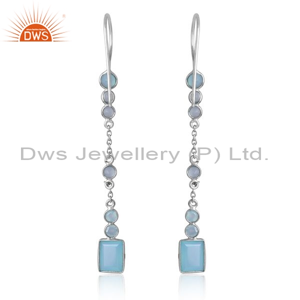 Sterling Silver White Drops With Aqua Chalcedony Round Cut