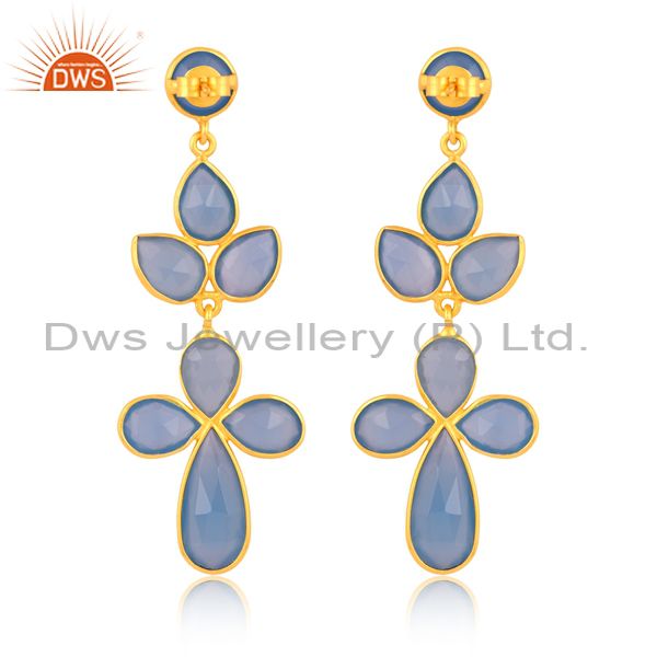 Gold Plated 18K Sterling Silver Earring With Blue Chalcedony