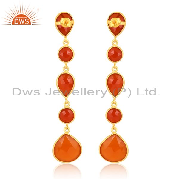18K Gold Silver Earring With Heart, Pear & Round Red Onyx