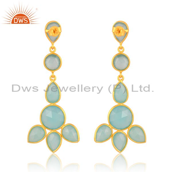 18K Gold Sterling Silver Earring With Aqua Chalcedony Stone
