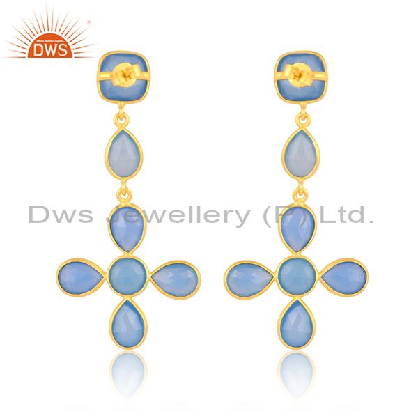 Silver Drops With Blue Chalcedony Pear Round Cabushion Cut