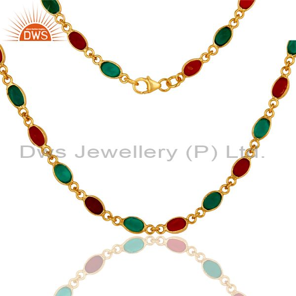 Exporter 18K Yellow Gold Plated Sterling Silver Green Onyx And Red Onyx Chain Necklace