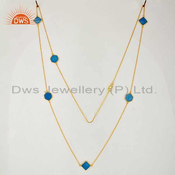 Exporter Gold Plated Silver Blue Chalcedony Gemstone Chain Necklace Jewelry