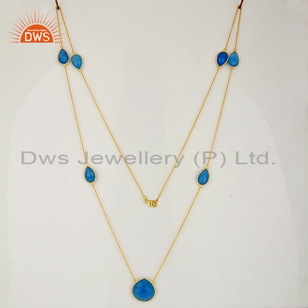 Exporter IndianBlue Chalcedony Gemstone Gold Plated Chain Necklace Wholesale
