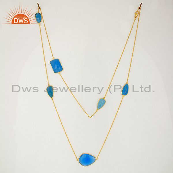 Exporter Blue Chalcedony Gemstone Gold Plated Silver Chain Necklace Jewelry