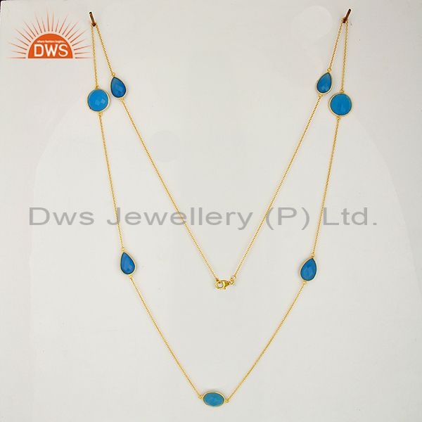 Exporter Indian Gold Plated Silver Blue Chalcedony Gemstone Necklace Jewelry
