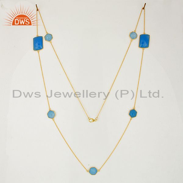 Exporter Blue Chalcedony Gemstone Gold Plated Silver Necklace Jaipur Jewelry
