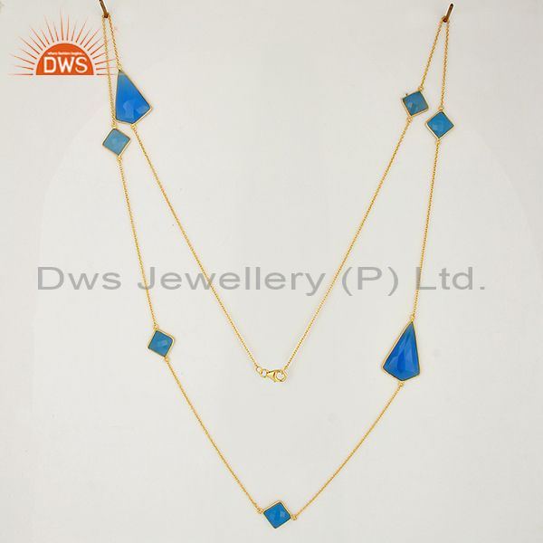 Exporter New Blue Chalcedony Gemstone Gold Plated Fashion Silver Necklaces