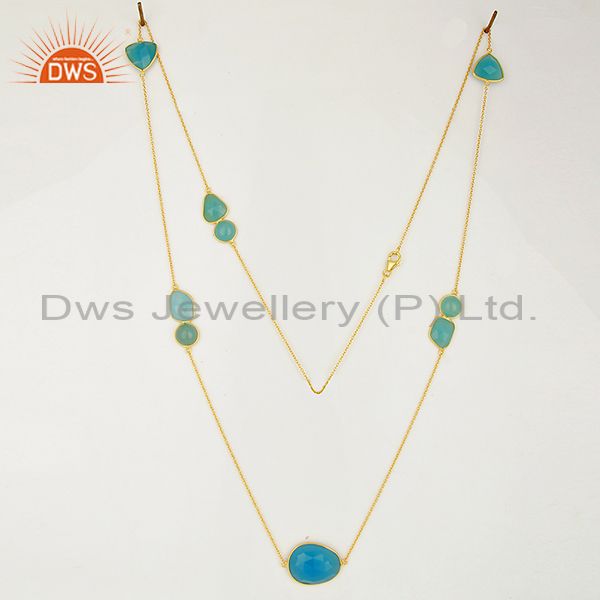 Exporter Jaipur Blue Chalcedony Gemstone Gold Plated Sterling Silver Necklaces