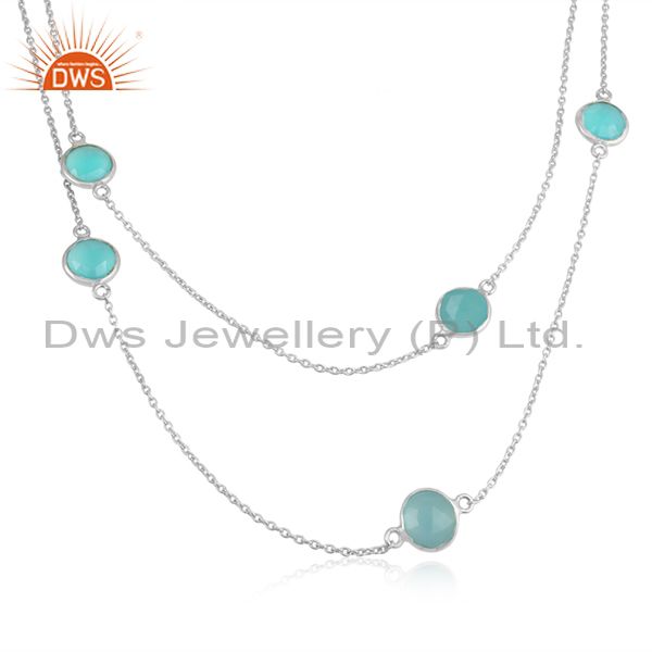 Handmade sterling silver long necklace with aqua chalcedony