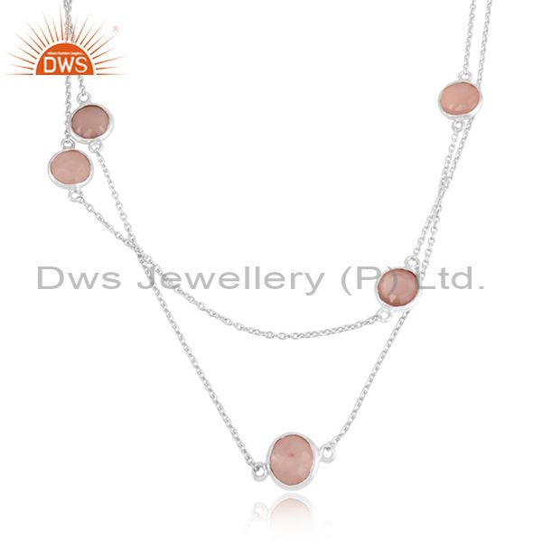 Handmade sterling silver long necklace with rose chalcedony